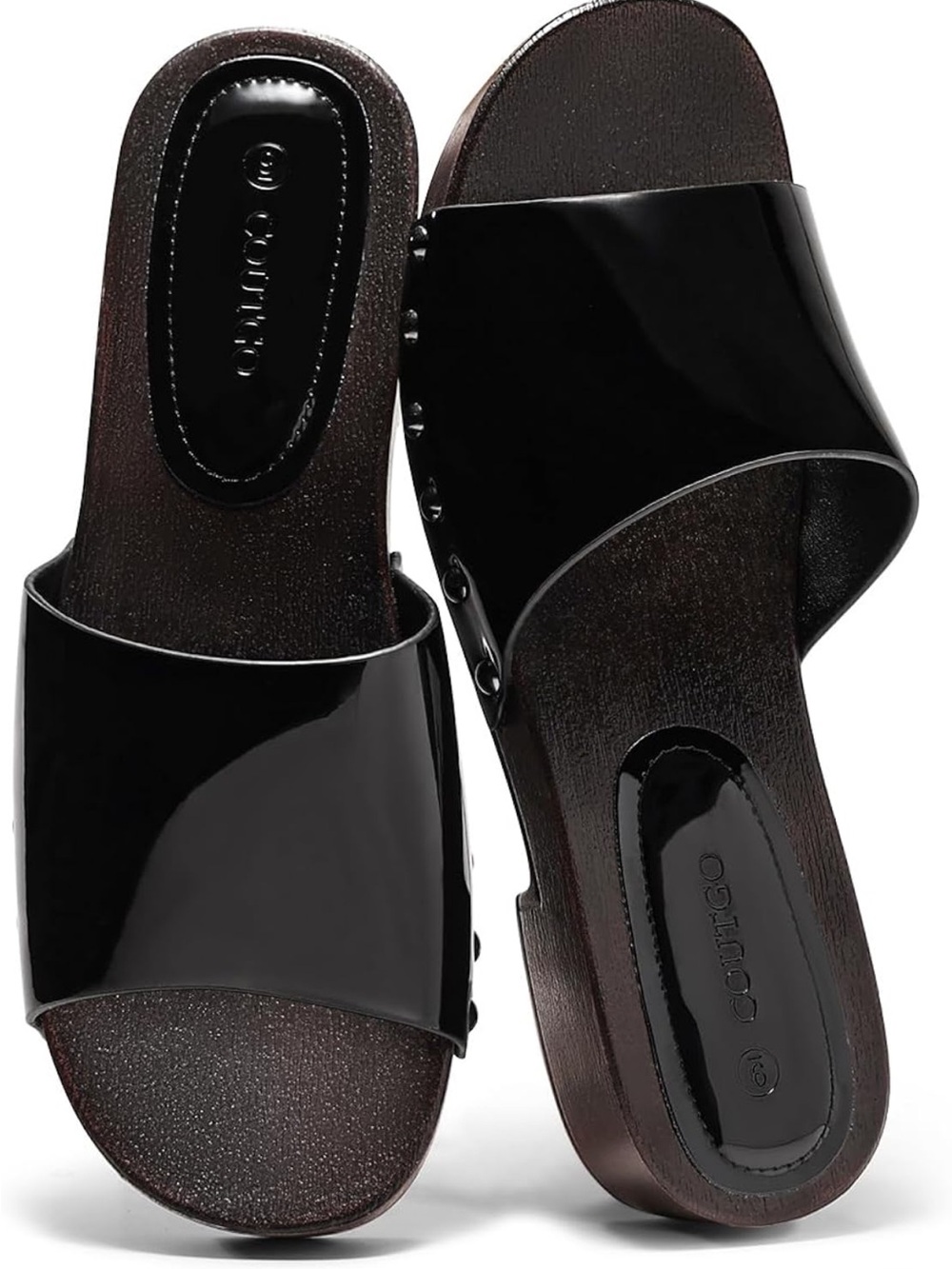 Coutgo Black Patent Slide Sandals for Women